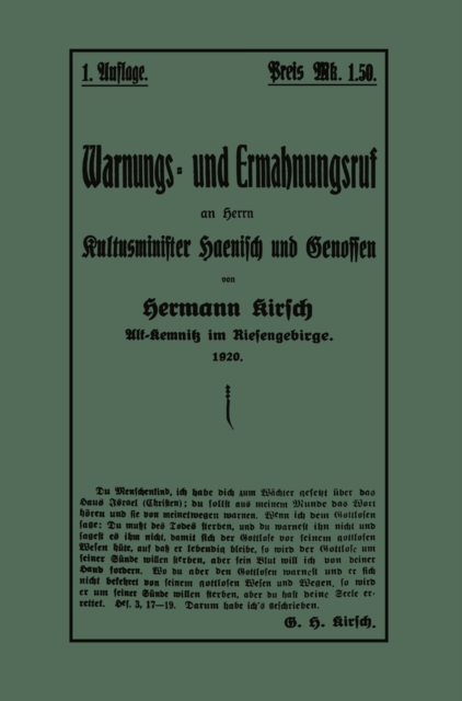 Warnungs- und Ermahnungsruf an Herrn Kultusminister Haenisch und Genossen