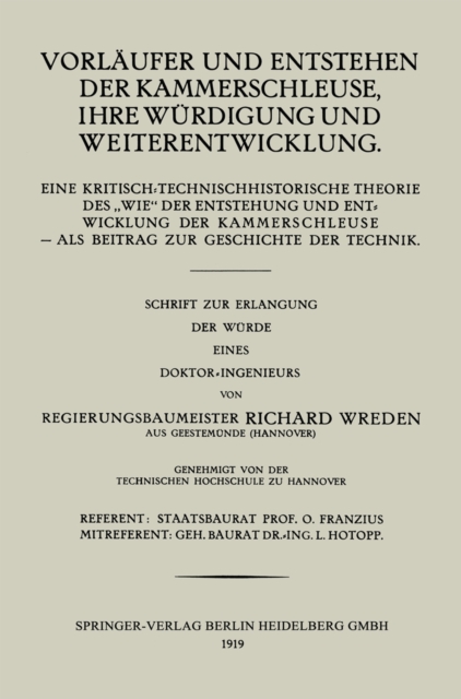 Vorläufer und Entstehen der Kammerschleuse, ihre Würdigung und Weiterentwicklung
