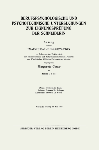 Berufspsychologische und Psychotechnische Untersuchungen zur Eignungsprüfung der Schneiderin