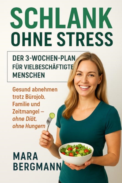 "Schlank ohne Stress: Der 3-Wochen-Plan für vielbeschäftigte Menschen"  Untertitel: "Gesund abnehmen trotz Bürojob, Familie und Zeitmangel – ohne Diät, ohne Hungern"